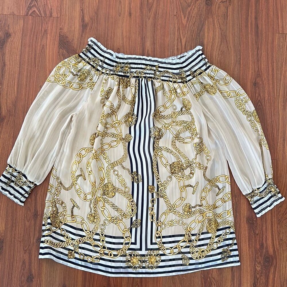 Cachet silky off the shoulder blouse top gold XS nautical chain print navy gold - Picture 4 of 5